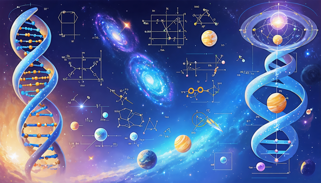 An artistic representation of various scientific theories in a cosmic setting featuring elements of the Theory of Relativity, Evolution, and Quantum Mechanics.