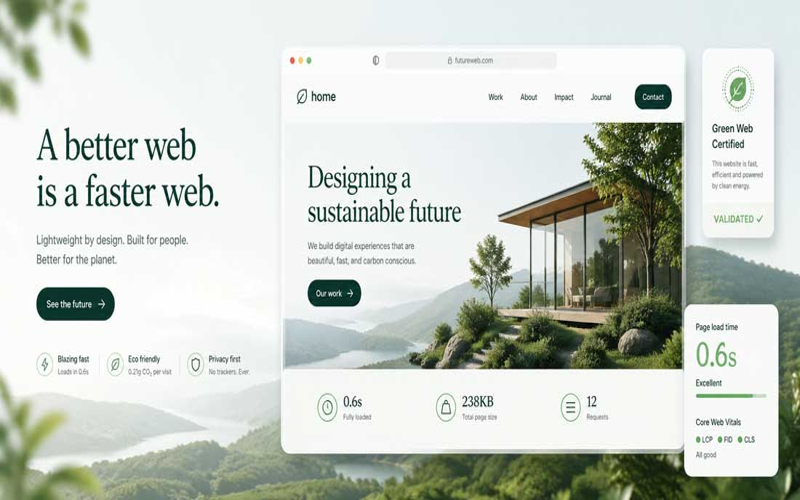 Infographic showing principles of Sustainable Web Design focusing on data transfer and carbon intensity of electricity.