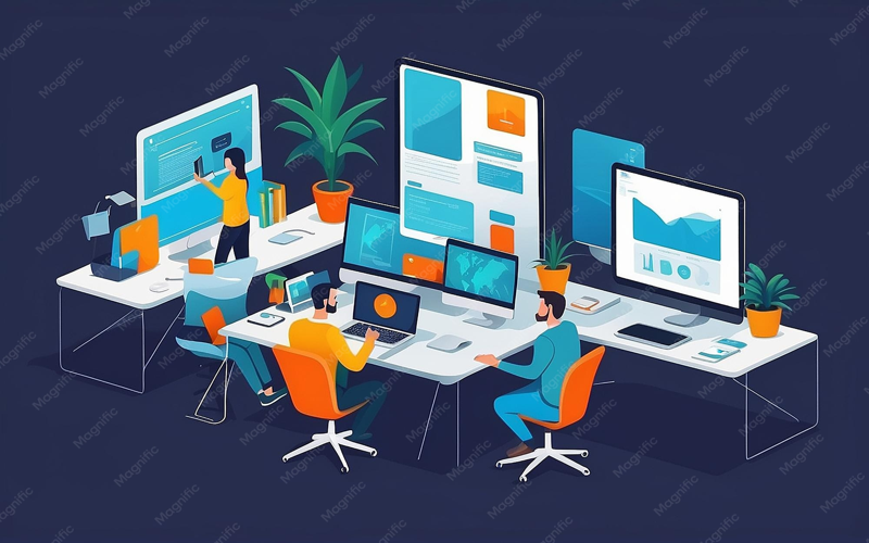 A futuristic digital workspace showcasing transition from Figma design to code with vibrant UI elements and coding displays.
